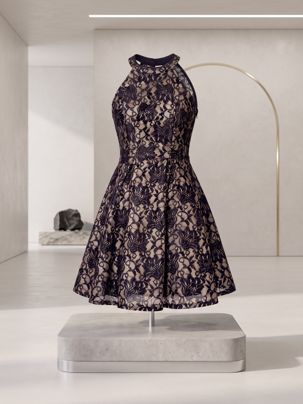 Le Chateau Lace Halter Dress S Small EUC Purple Gold Cocktail Party Fit Flare